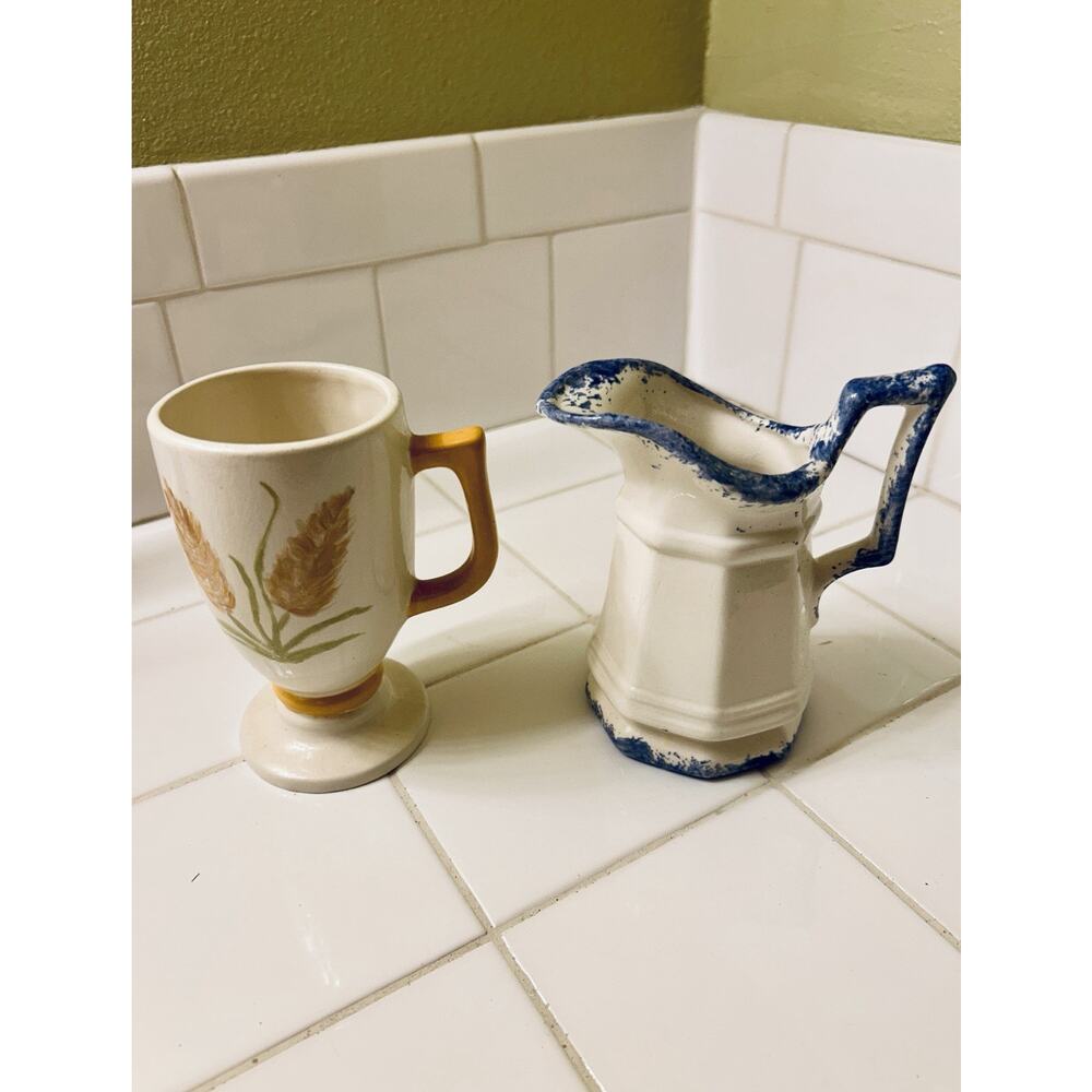 Spongeware Style Handmade Pottery Pitcher And Hand painted Mug